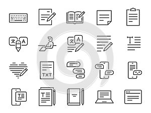 Text icon set. Included the icons as Â Write Review, Creative Article Writing, Internet Content EditingÂ , and more.